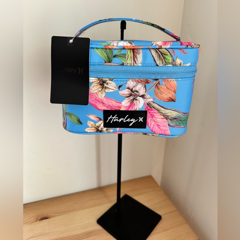 Hurley Blue and Pink Cosmetic Bag with Floral Design Top Handle NWT